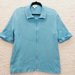 Sweater Ribbed Rhinestone Zipper Powder Blue Cottagecore Glitz Dopamine Size L